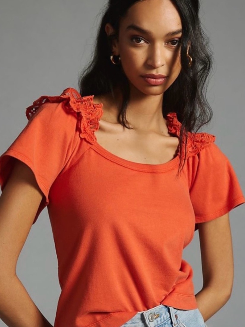 Pilcro Anthropologie Eyelet Ruffle Short Orange Crochet-Trim Scoop Neck Top